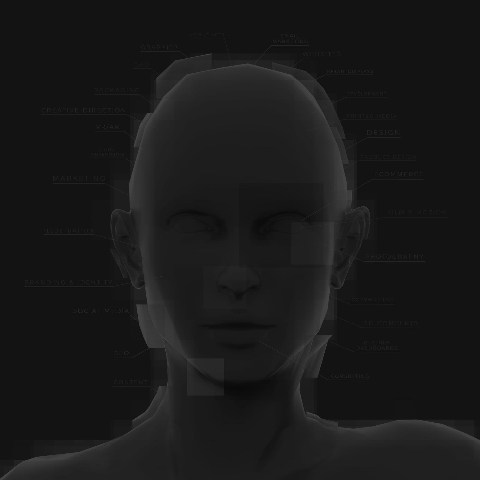 A sculpted head surrounded by the names of the disciplines the studio covers