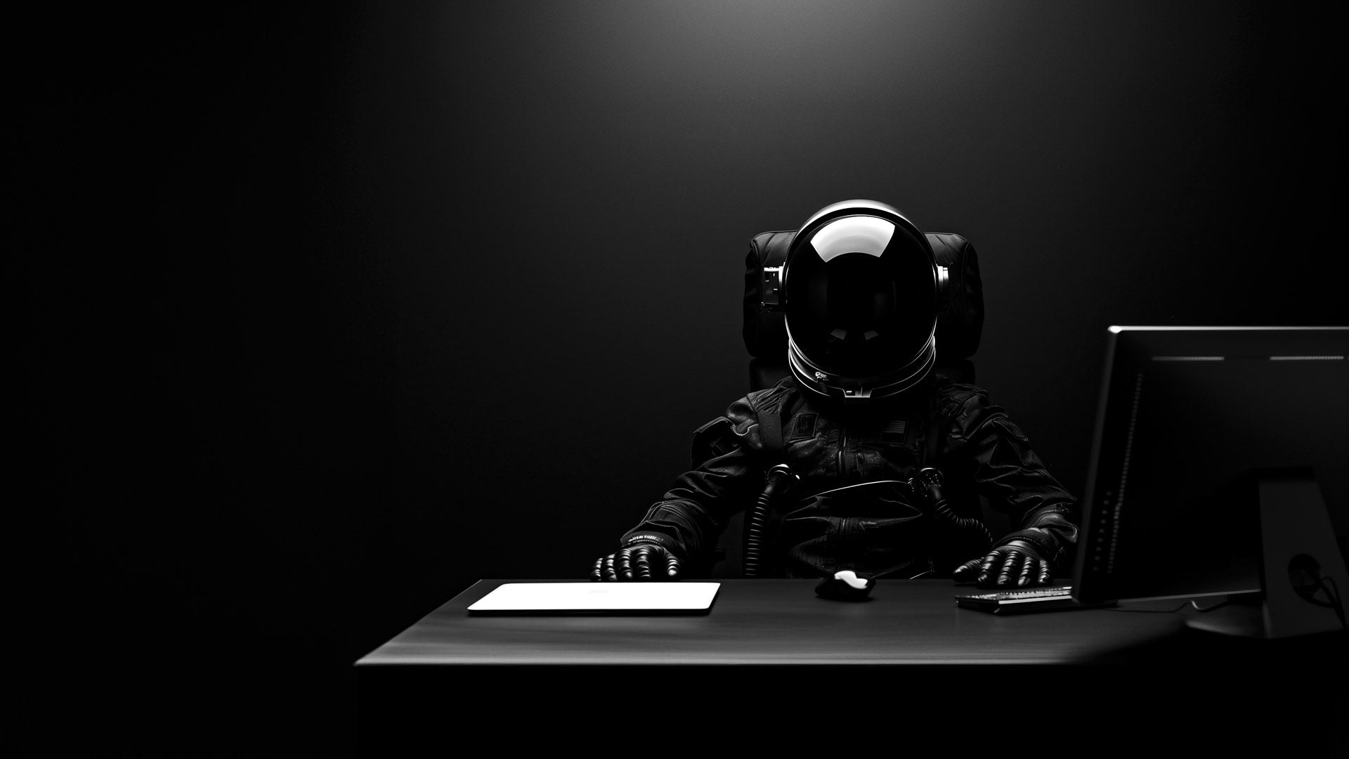 An astronaut in a black spacesuit sitting at an office desk