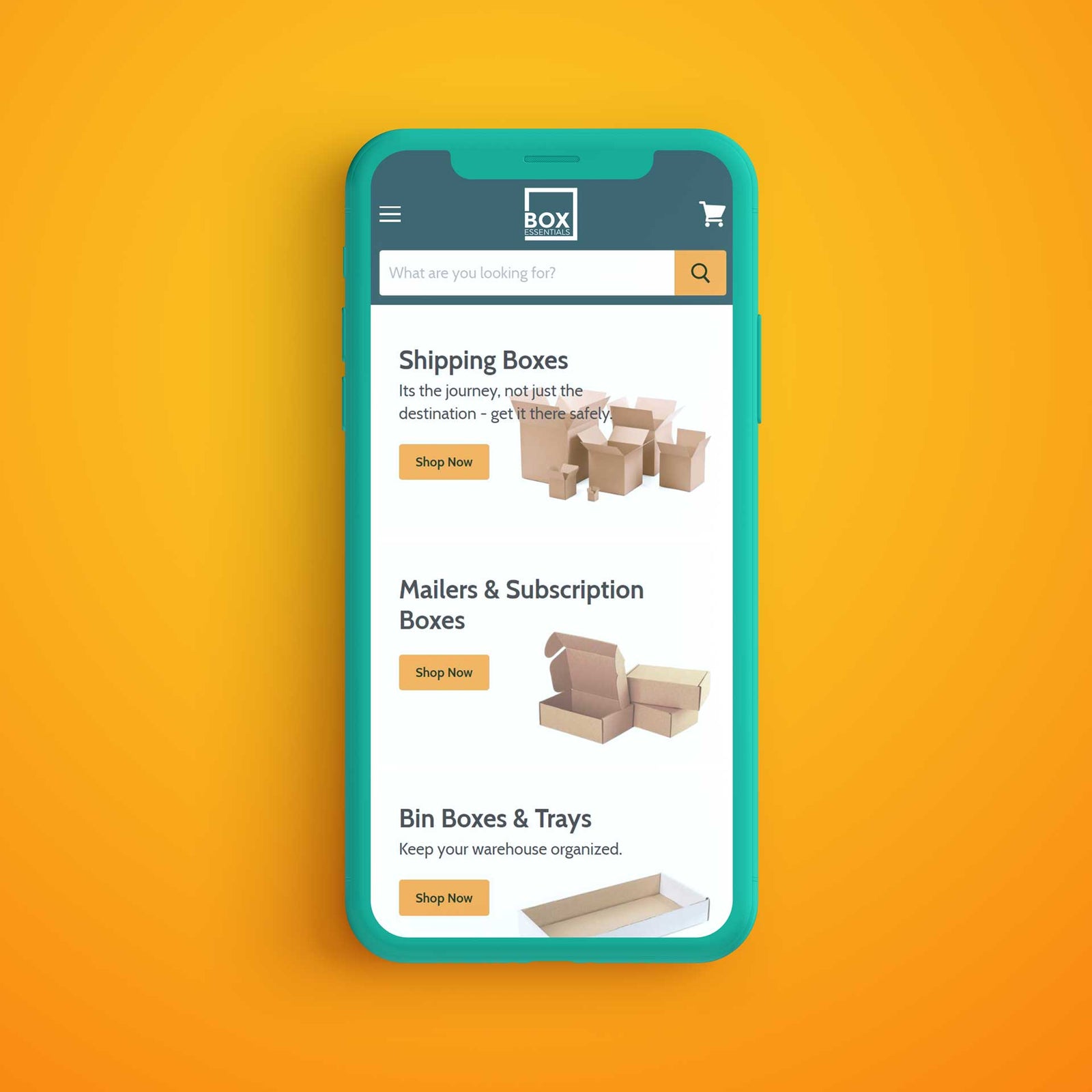 Box Essentials website shown on a mobile phone