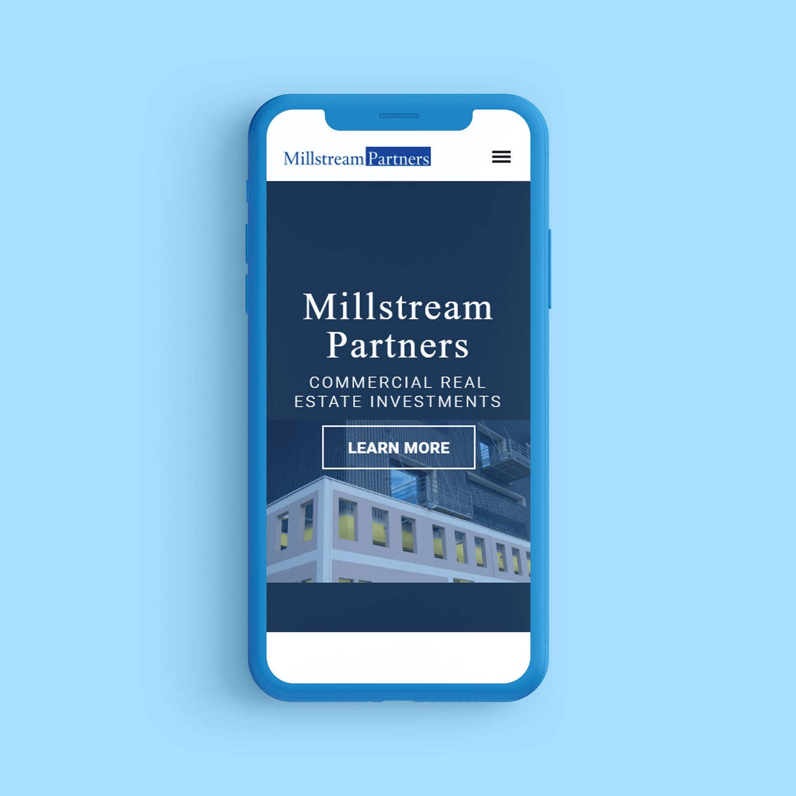 Millstream Partners website shown on a mobile phone