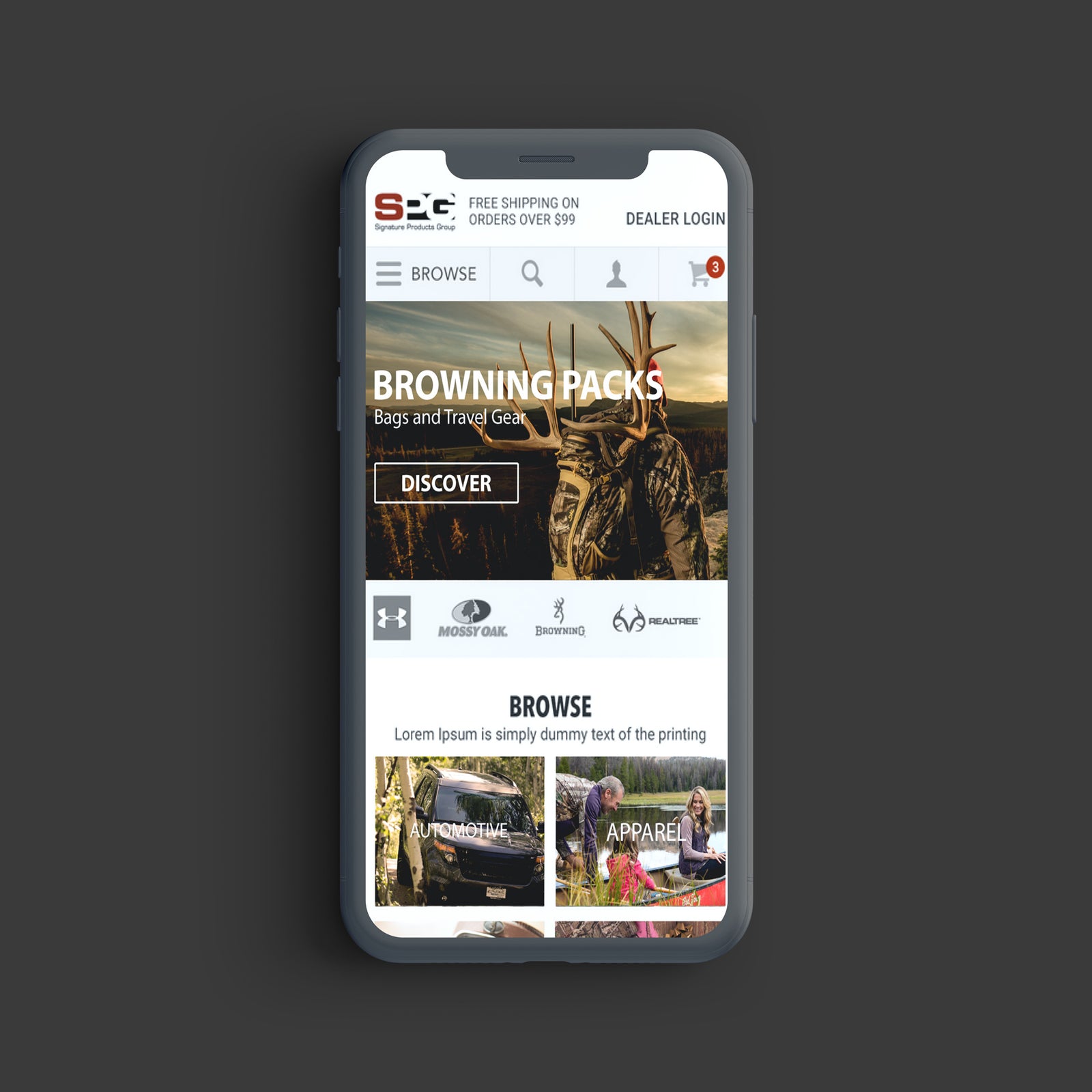 SPG Outdoors website shown on a mobile phone