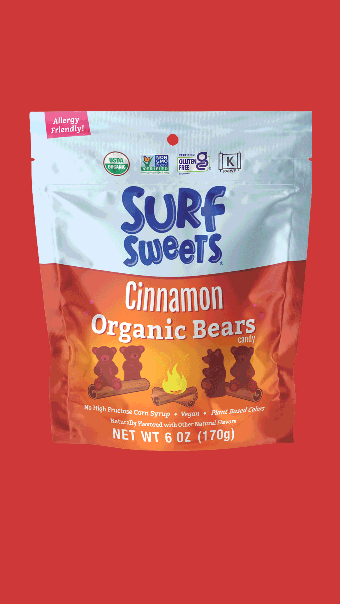 Surf Sweets Organic Cinnamon Bears candy package, front