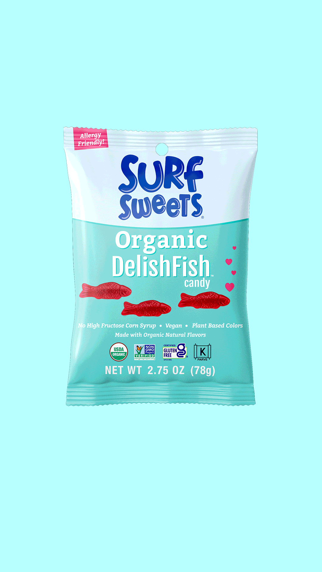 Surf Sweets Organic DelishFish candy package, front