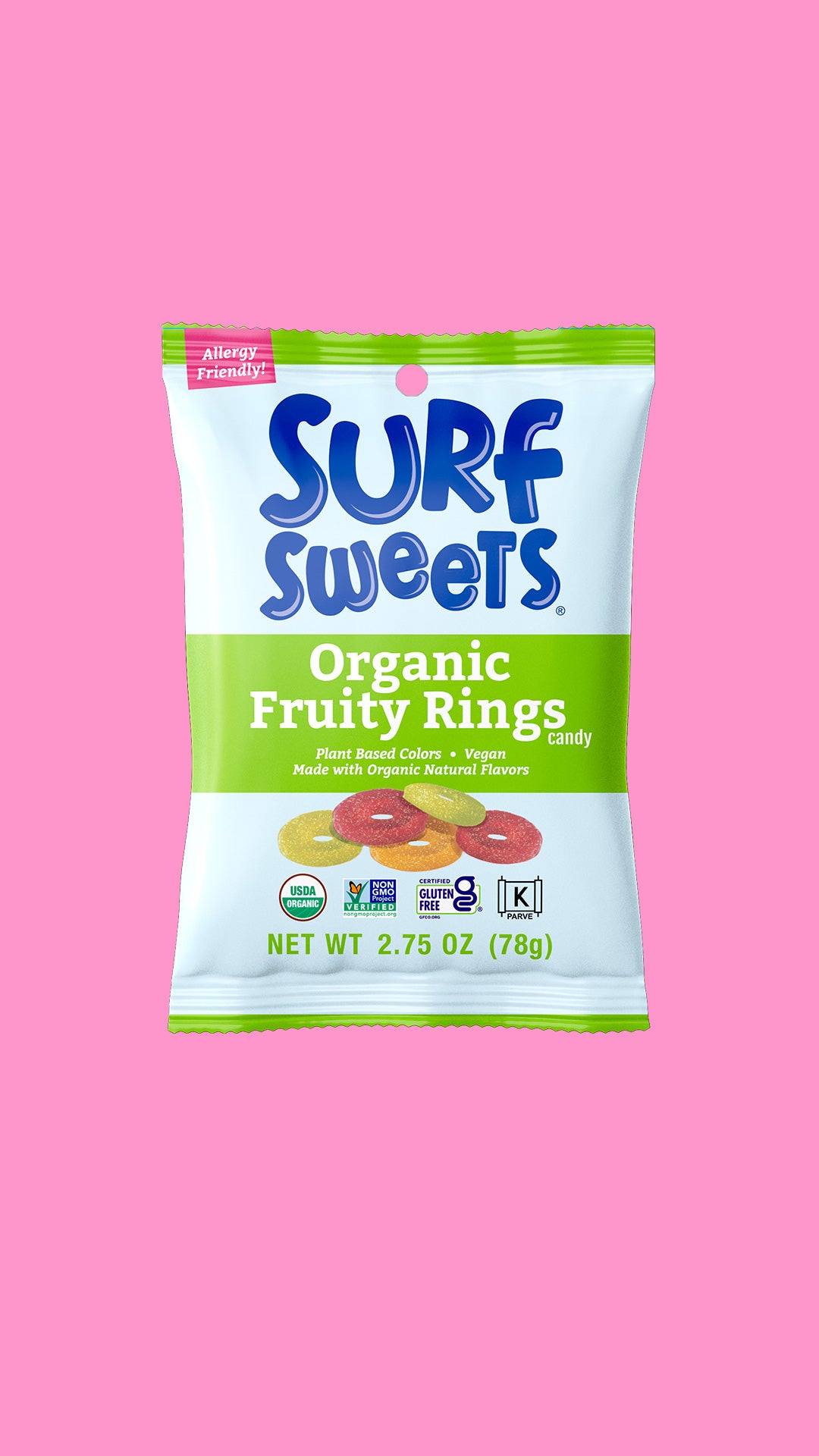 Surf Sweets Organic Fruity Rings candy package, front