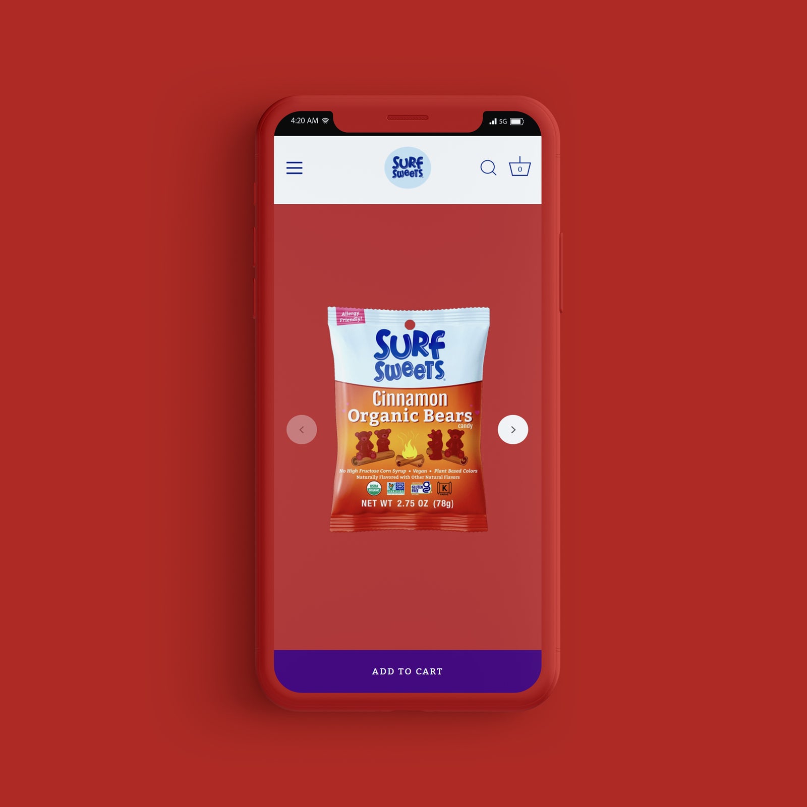 Surf Sweets product landing page on a mobile phone