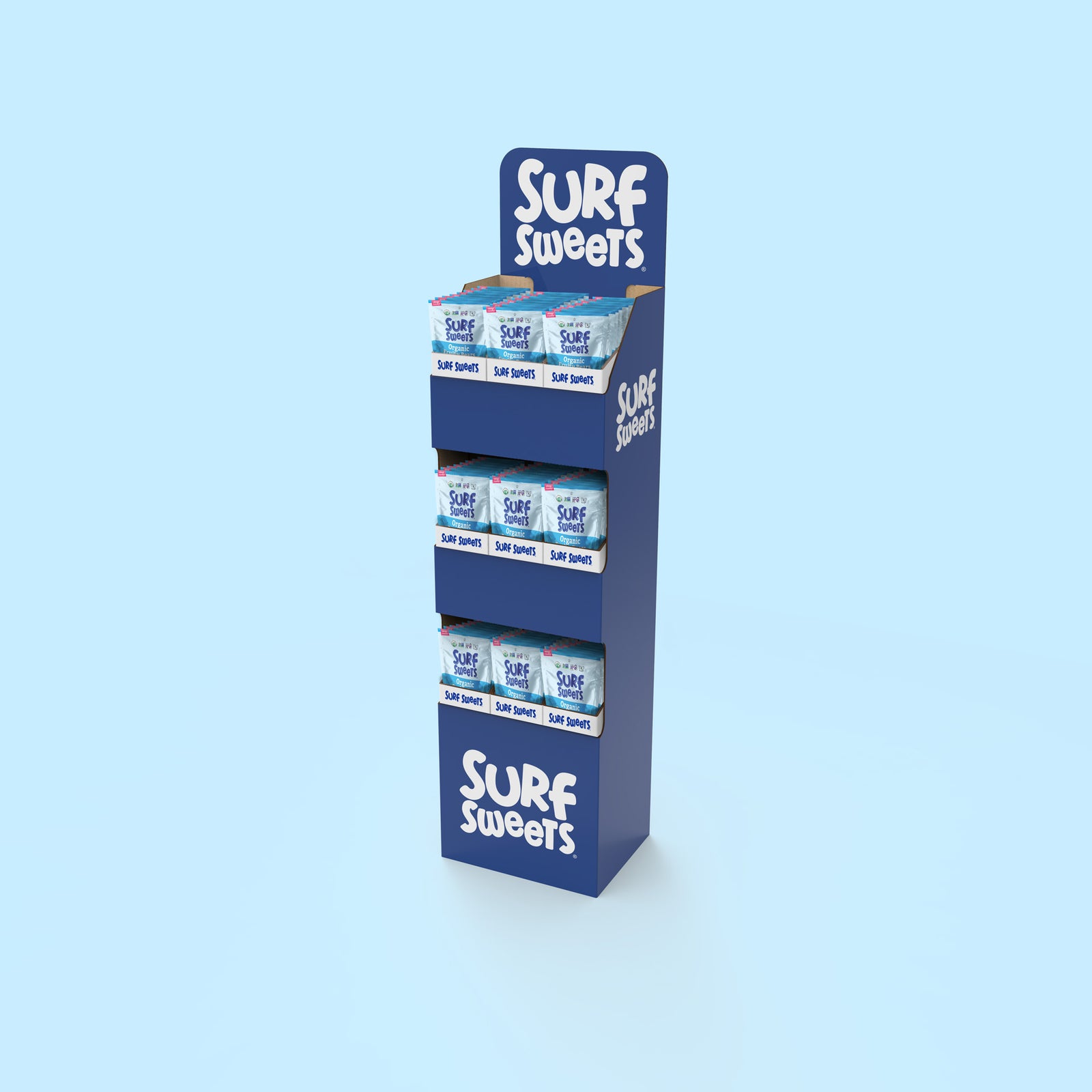 3D render of a Surf Sweets stand-up retail display