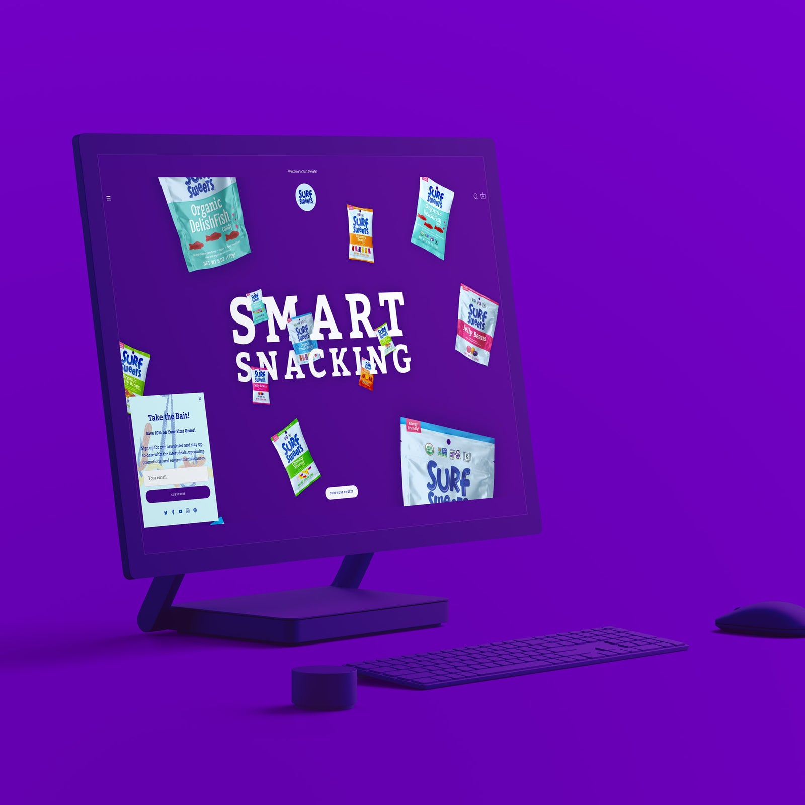 Surf Sweets website on a desktop monitor
