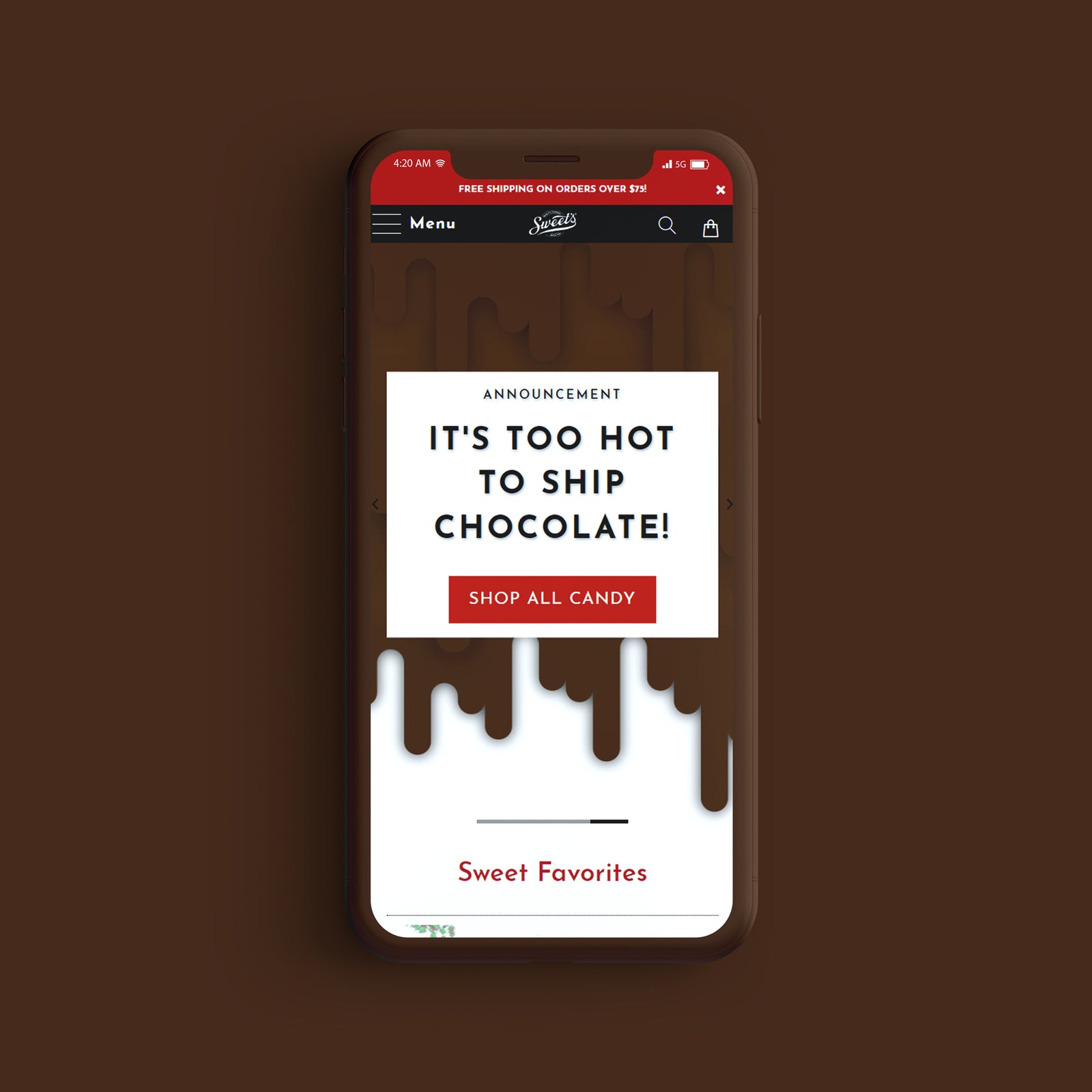 Sweet Candy Company website on a mobile phone