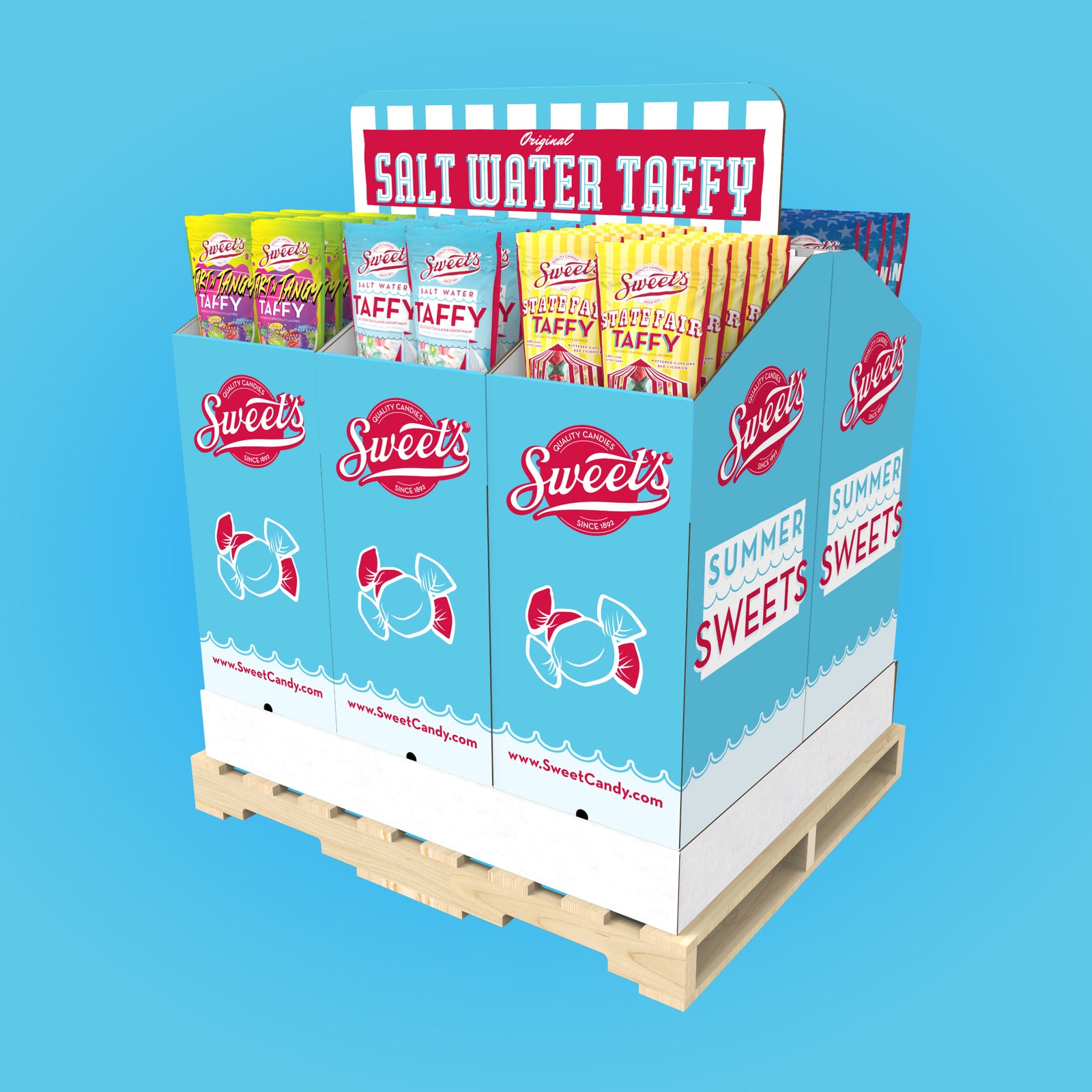 3D render of a salt water taffy retail display for Sweet's